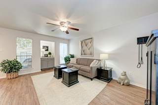 A living room with a couch, a table, a plant, and a fan.