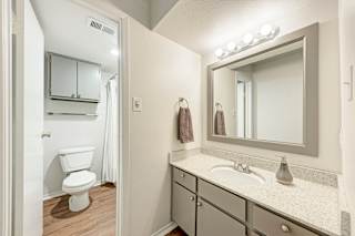 A white toilet is in a small bathroom with a mirror and lights above the sink.