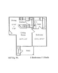 A floor plan of a one bedroom apartment with a living room, dining area, kitchen and bathroom.