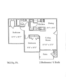 A drawing of a house layout with two bedrooms, a living room, a kitchen, a dining room, and a patio.