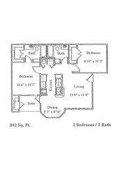 A floor plan of a 2 bedroom 2 bath apartment.