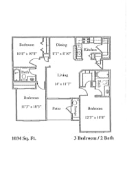 A drawing of a house layout with three bedrooms and two bathrooms.