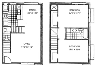 A floor plan shows a living area, dining area, and two bedrooms with their respective dimensions.