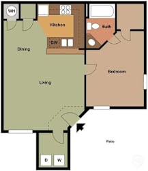 A floor plan of a living space showing a kitchen, dining area, living room, bedroom, bathroom, and patio.