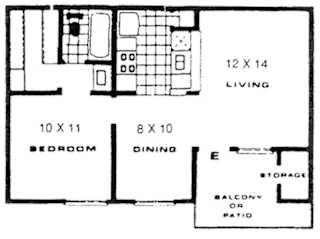 A black and white image of a floor plan for a small apartment.