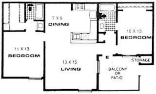 A floor plan of a house with a dining room, two bedrooms, a living room, a balcony or patio, and a storage area.