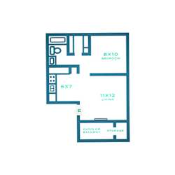 A floor plan of a small apartment with a bedroom, living room, and a pantry or storage space.