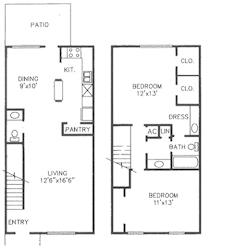 A floor plan of a home with a living room, dining room, kitchen, pantry, and three bedrooms.