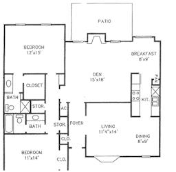 A floor plan of a house with a living room, dining room, kitchen, and two bedrooms.