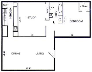 A floor plan of a small apartment with a kitchen, living room, and bedroom.