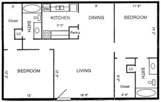 A black and white image of a floor plan for a small apartment.