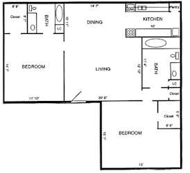 A black and white image of a floor plan for a small apartment.