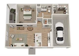 A top-down view of a house layout with a car parked outside.