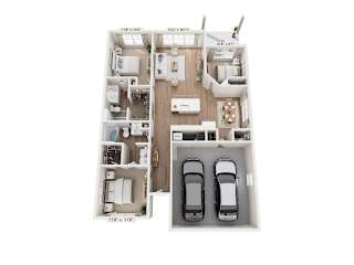 A floor plan of a two-bedroom apartment with a living room, kitchen, and two bathrooms.