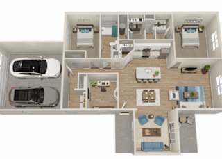 A top-down view of a house layout with a car parked in the garage.
