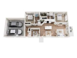 A top-down view of a well-organized, modern kitchen and living room area.