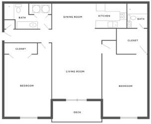 A floor plan of a house with a living room, two bedrooms, a dining room, a kitchen, and two bathrooms.