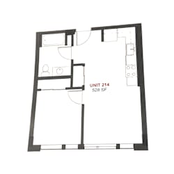 A black and white image of a floor plan for a unit labeled 214 with a total area of 528 square feet.