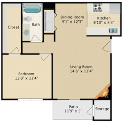 A floor plan of a small apartment with a bedroom, living room, kitchen, and bathroom.