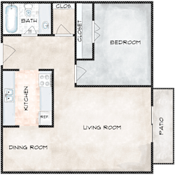 A floor plan of a house with a living room, dining room, kitchen, bedroom, and bathroom.