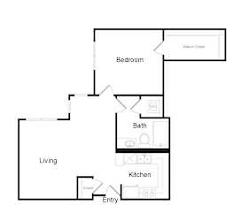 A floor plan of a home with a living room, kitchen, bedroom, bathroom and walk-in closet.