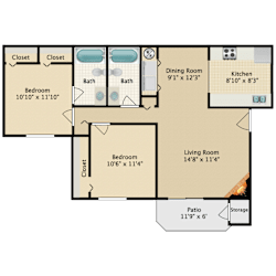 A floor plan of a house with a living room, dining room, kitchen, and three bedrooms.
