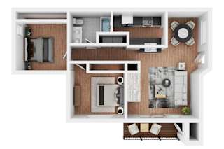 A top-down view of a modern apartment layout.