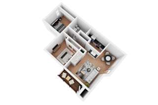A top-down view of a house layout with two bedrooms, a living room, a kitchen, and a bathroom.