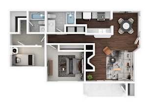 A top-down view of a modern apartment layout.