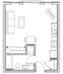 A floor plan of a small apartment with a kitchen, living room, and bathroom.