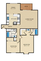 A floor plan of a house with a deck and two bathrooms.