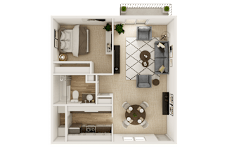 A top-down view of a small apartment with a kitchen, living room, and bedroom.