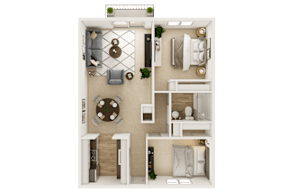 A top-down view of a small apartment with a living room, kitchen, and bathroom.