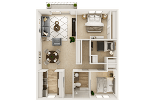 A top-down view of a house layout with a living room, dining area, kitchen, and bedrooms.