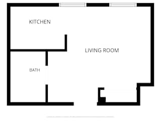 A simple black and white drawing of a floor plan with a kitchen, bath, and living room.