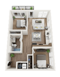 A 3D floor plan of a small apartment with a kitchen, living room, and bedroom.