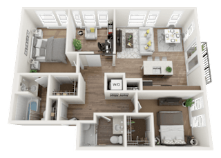 A 3D floor plan of a two-bedroom apartment with a living room, kitchen, and bathroom.