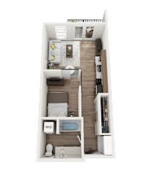 A small apartment with a bedroom, living room, and kitchen area.