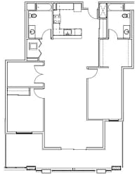 A floor plan of a house with a kitchen, living room, and two bedrooms.