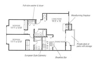 A floor plan of a European style cabinets with a breakfast bar and a living room with a woodburning fireplace.