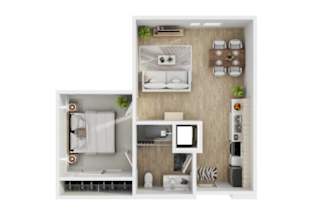 A top-down view of a small apartment with a bedroom, living room, and kitchen area.