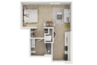 A top-down view of a small apartment with a kitchen, living room, and bedroom.