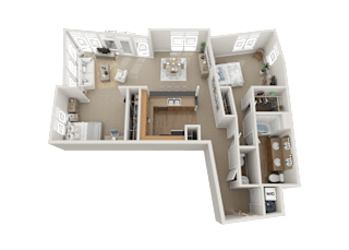 A 3D floor plan of a house with a kitchen, living room, and bedrooms.