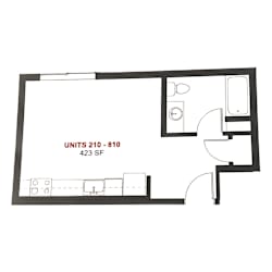 A floor plan of an apartment with the label "UNITS 210 - 810 423 SF".