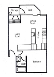 A floor plan of a small apartment with a living room, dining room, kitchen, bedroom, and bathroom.