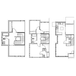 Three floor plans of a house with different layouts.