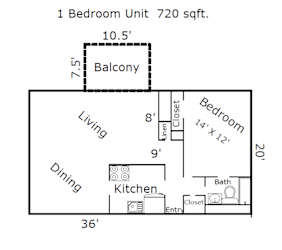 floor plan for the 1 bedroom unit 720 sqft