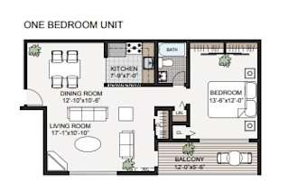 A floor plan of a one bedroom unit with a living room, dining room, kitchen, and bathroom.