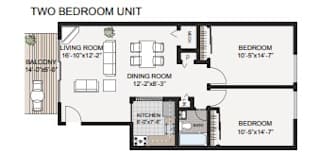 A floor plan of a two bedroom unit with a living room, dining room, kitchen, and balcony.