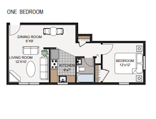 A floor plan of a one bedroom apartment with a living room, kitchen, dining room, and bedroom.